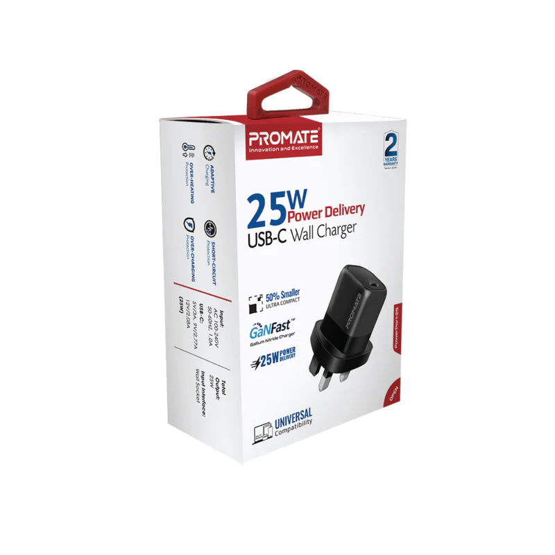Promate Wall Charger 25W PD USB-C - Black, Power Adapters & Chargers, Promate, Telephone Market - telephone-market.com