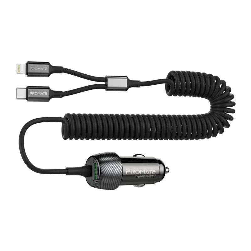 Promate Car Charger 33W with Lightning Connector & USB-C Cable - Telephone Market