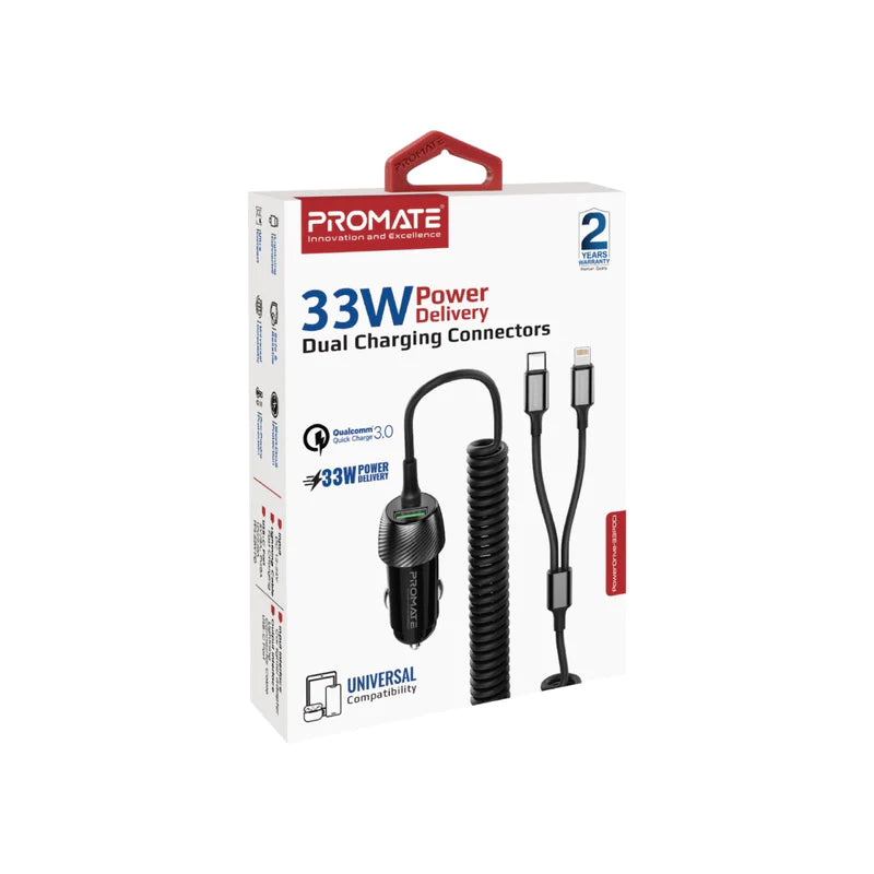 Promate Car Charger 33W with Lightning Connector & USB-C Cable - Telephone Market