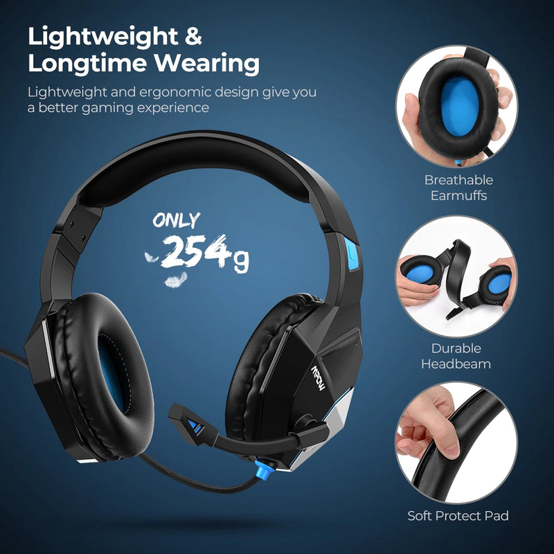 Mpow Gaming Headset Wired 3D Surround Sound - Blue - Telephone Market