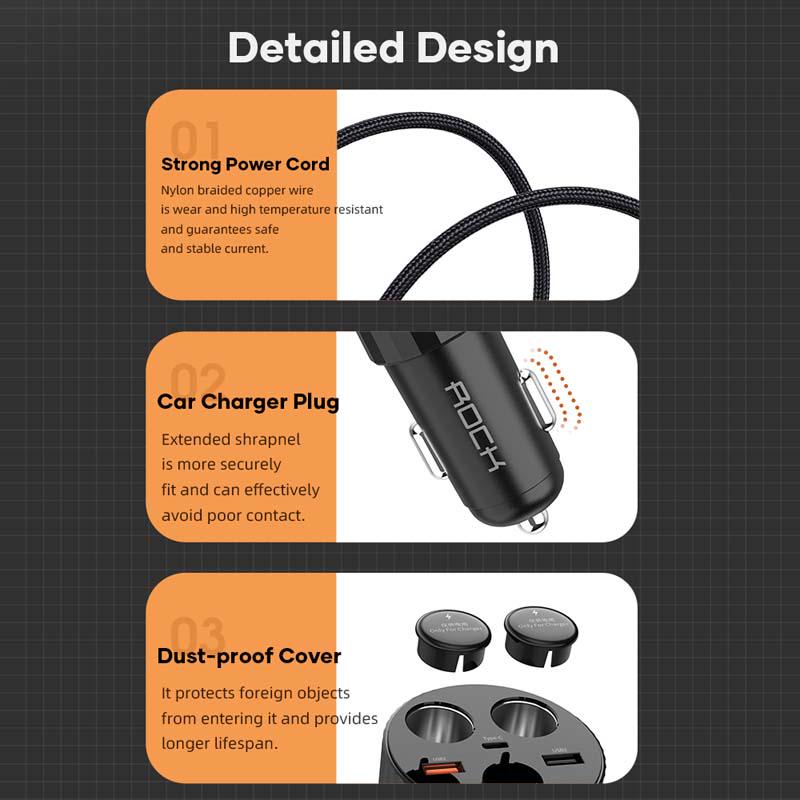 Rock Car Cigarette Splitter with PD & 2 USB Charging Ports, , ROCK, Telephone Market - telephone-market.com