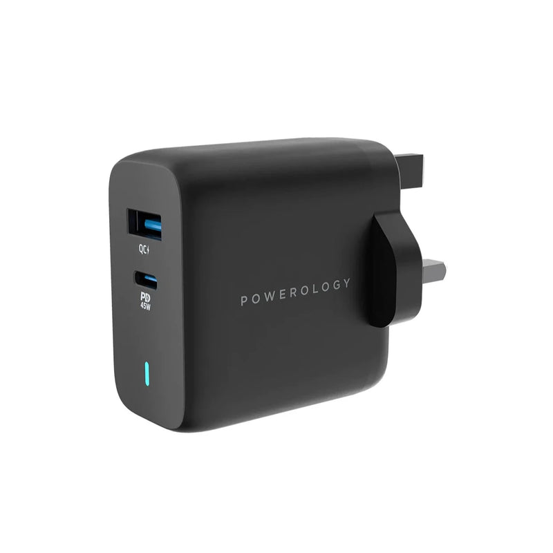 Powerology Wall Charger 2-Port 45W GaN Charger with PD - Black - Telephone Market