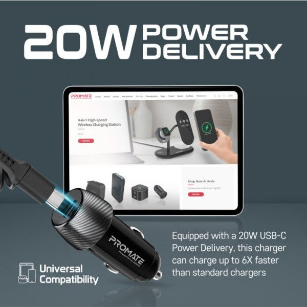 Promate Car Charger 33W with Lightning Connector Cable - Black, Power Adapters & Chargers, Promate, Telephone Market - telephone-market.com