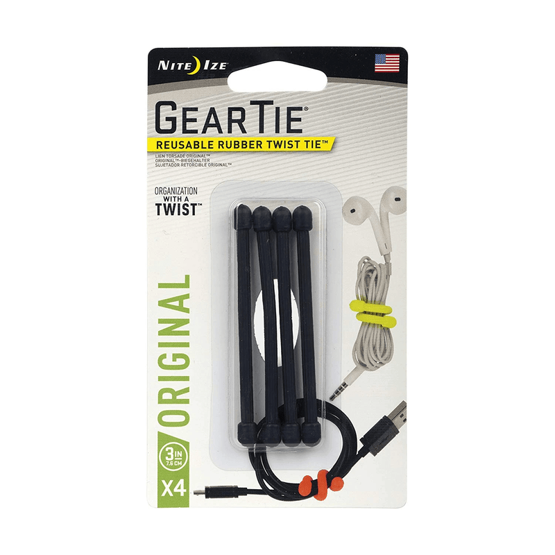 Nite Ize Gear Tie® Reusable Rubber Twist Tie™ 3 in. - 4 Pack - Black - Telephone Market
