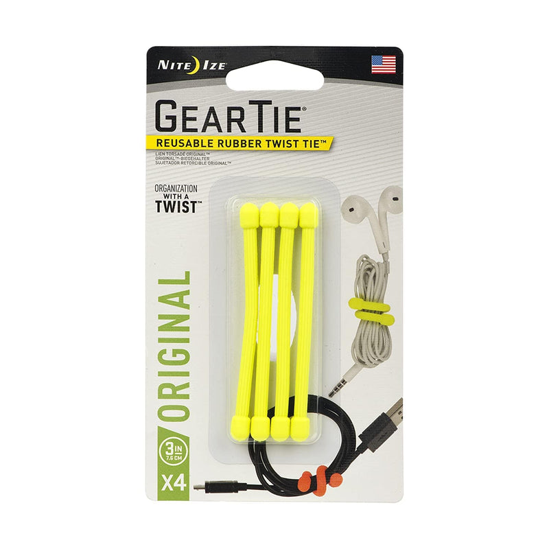 Nite Ize Gear Tie® Reusable Rubber Twist Tie™ 3 in. - 4 Pack - Neon Yellow - Telephone Market