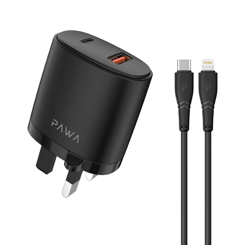 Pawa Wall Charger Dual Port PD+QC With USB-C To Lightning Cable - Black, Power Adapters & Chargers, Pawa, Telephone Market - telephone-market.com