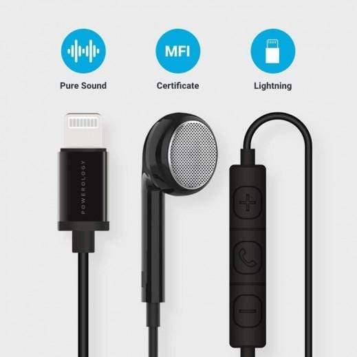 Powerology Single Mono Earphone with MFi Lightning Connector - Black, In-Ear Headphones, Powerology, Telephone Market - telephone-market.com