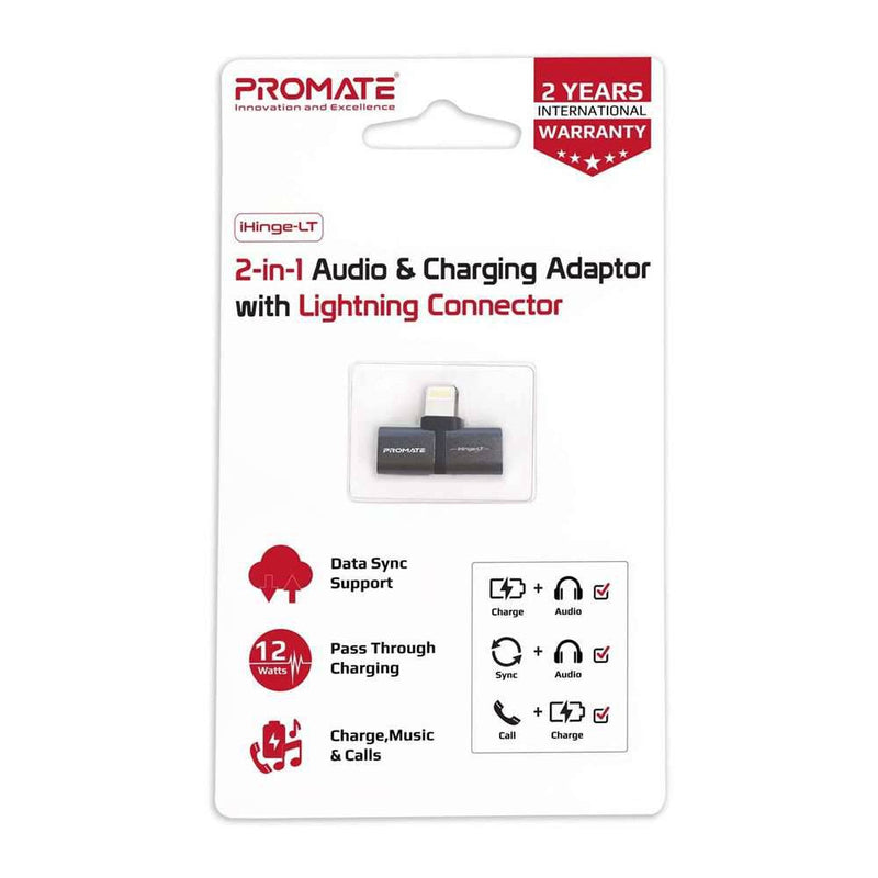 Promate Audio And Charging Adaptor with Lightning Connector - Black, Storage & Data Transfer Cables, Promate, Telephone Market - telephone-market.com