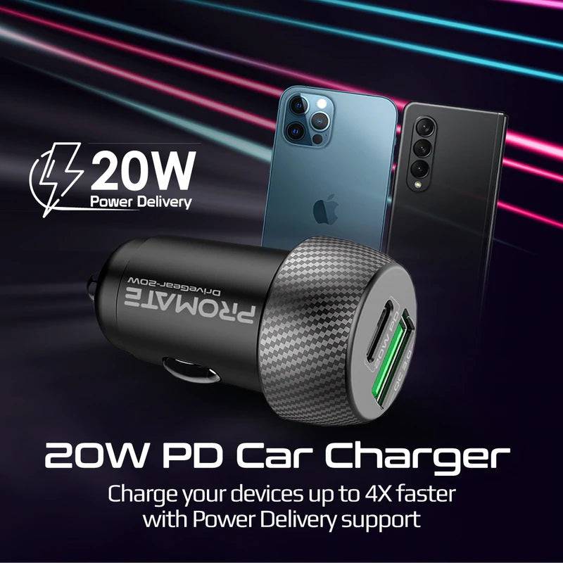 Promate Car Charger 20W Dual Port PD + USB - Black, Car Charger, Promate, Telephone Market - telephone-market.com
