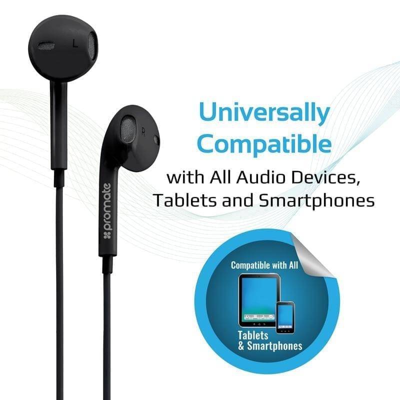 Promate Earbuds Lightweight Stereo - Black - Telephone Market