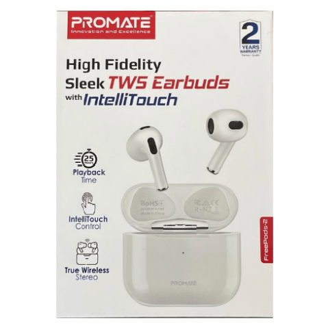 Promate High Fidelity Sleek TWS Earbuds With IntelliTouch - White, Airpods, Promate, Telephone Market - telephone-market.com
