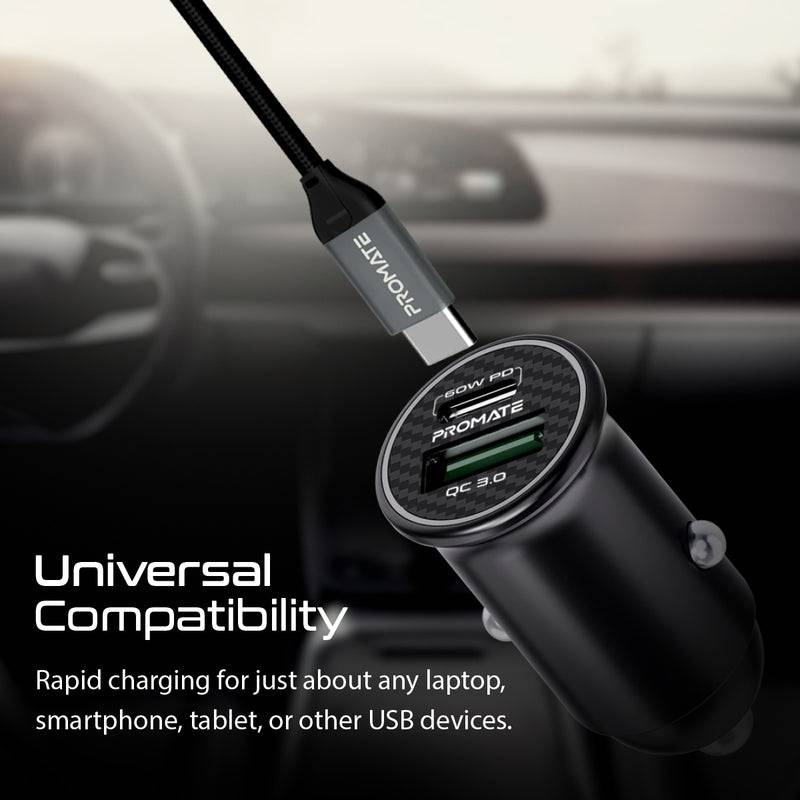 Promate Mini Car Charger with 60W - Black, Power Adapters & Chargers, Promate, Telephone Market - telephone-market.com