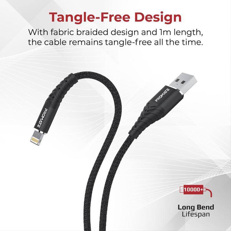 Promate PowerLine Braided USB-A to Lightning 1m - Black - Telephone Market
