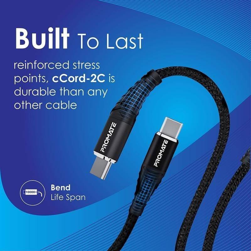 Promate PowerLine Fabric USB-C to USB-C 1m - Black - Telephone Market