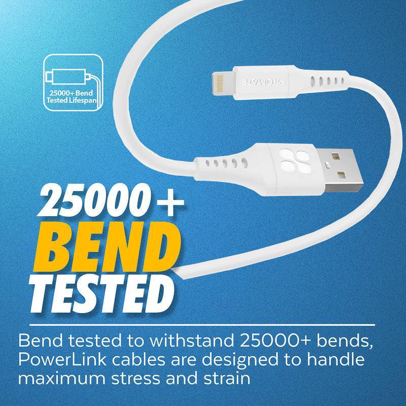 Promate PowerLine PowerLink USB-A to Lightning 1.2 m - White, Storage & Data Transfer Cables, Promate, Telephone Market - telephone-market.com