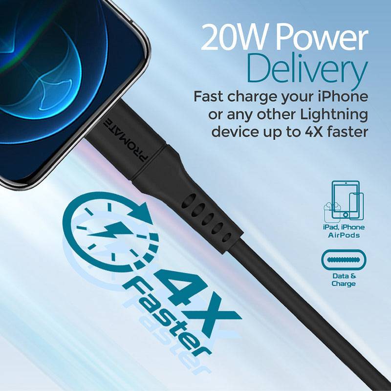 Promate PowerLine PowerLink USB-C to Lightning 1.2m - Black, Storage & Data Transfer Cables, Promate, Telephone Market - telephone-market.com