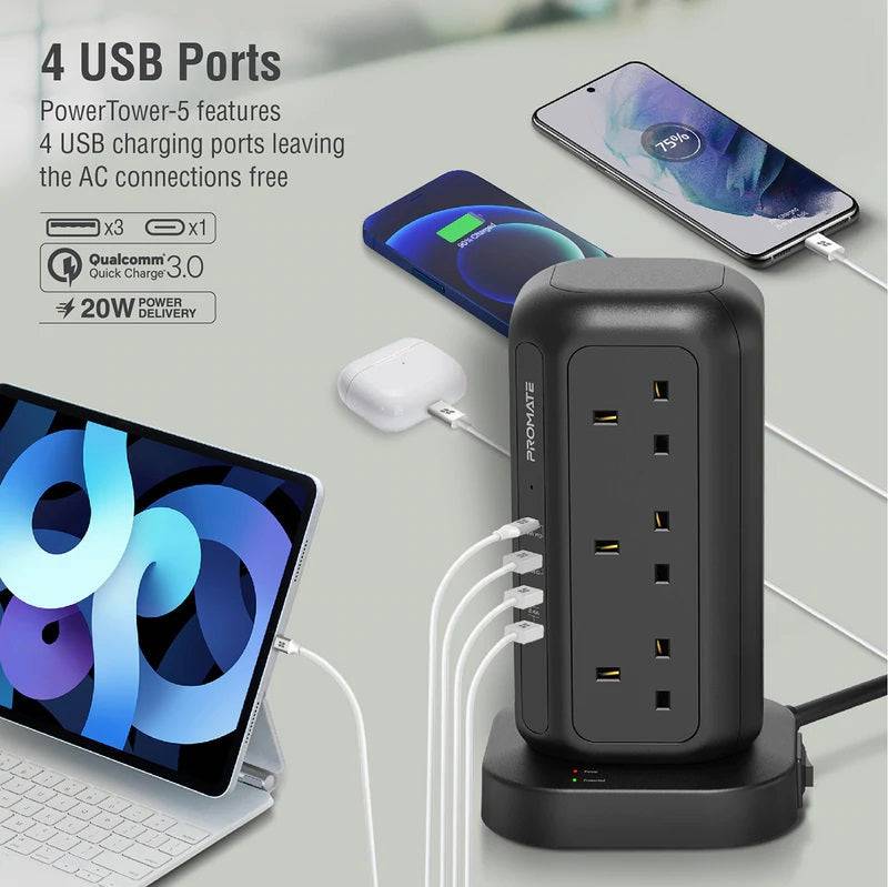 Promate PowerTower 16-in-1 Multi-Socket Surge Protected Cable Length 3m - Black, Power Strips & Surge Suppressors, Promate, Telephone Market - telephone-market.com