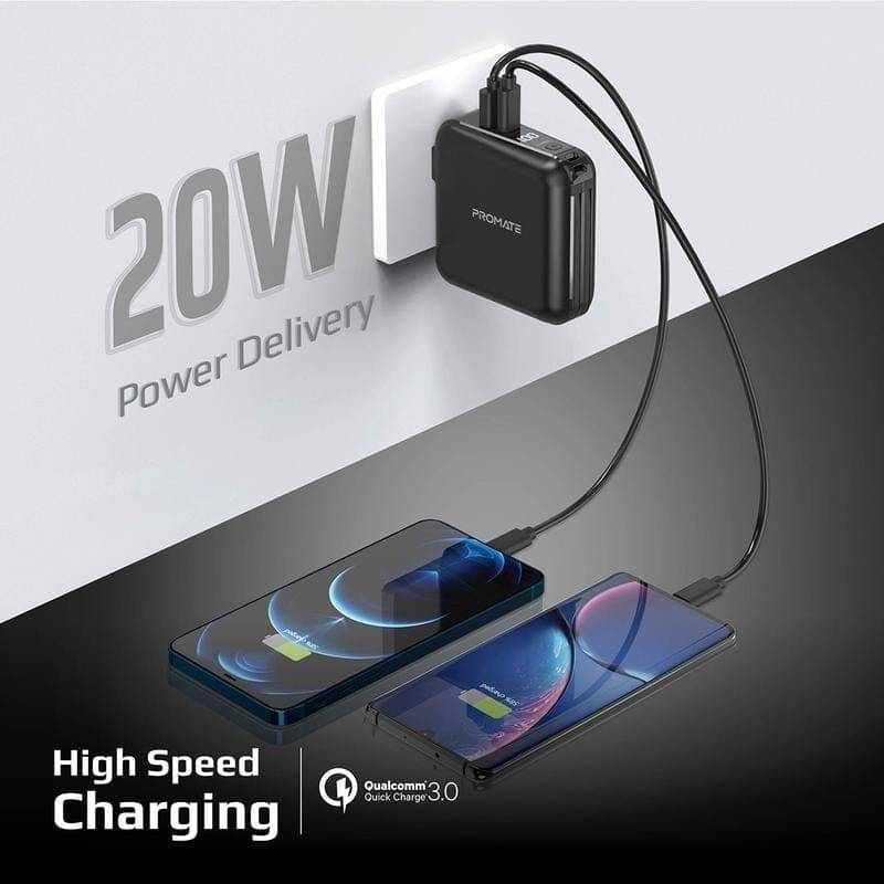 Promate Wall Charger 2-Port 20W with Power Bank 15000mAh - Black, Charger, Promate, Telephone Market - telephone-market.com