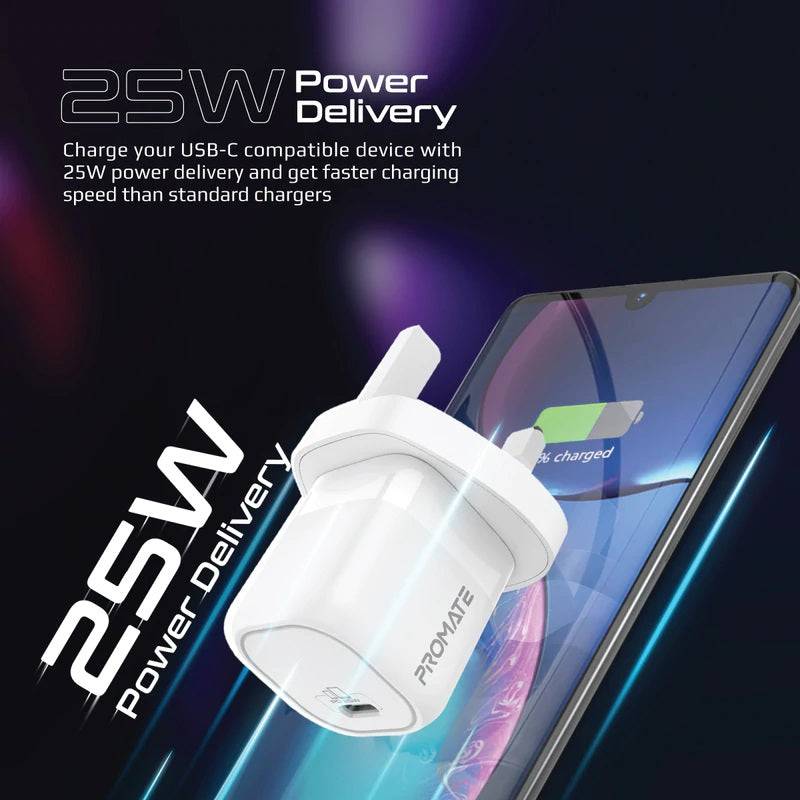 Promate Wall Charger 25W PD USB-C - White, Charger, Promate, Telephone Market - telephone-market.com