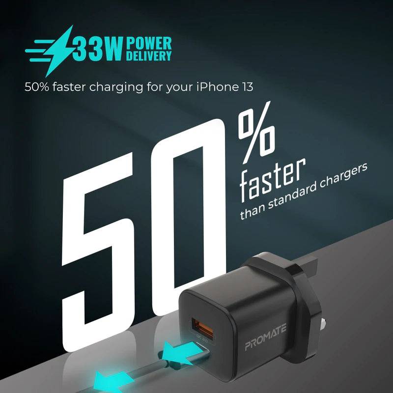 Promate Wall Charger 33W PD USB-C - Q3.0 - Black, Charger, Promate, Telephone Market - telephone-market.com