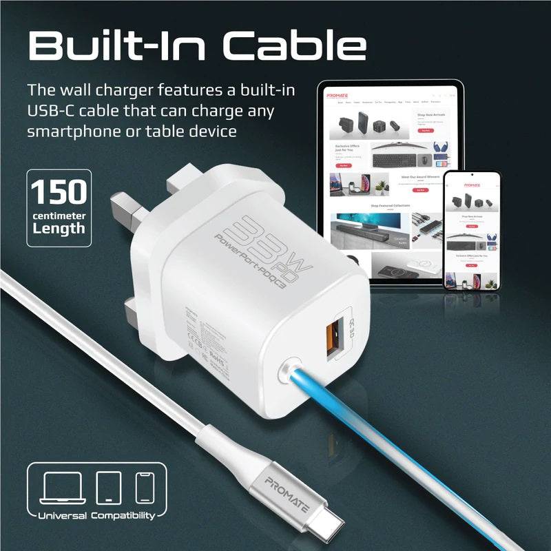 Promate Wall Charger 33W USB-C Cable and QC 3.0 - White, Power Adapters & Chargers, Promate, Telephone Market - telephone-market.com