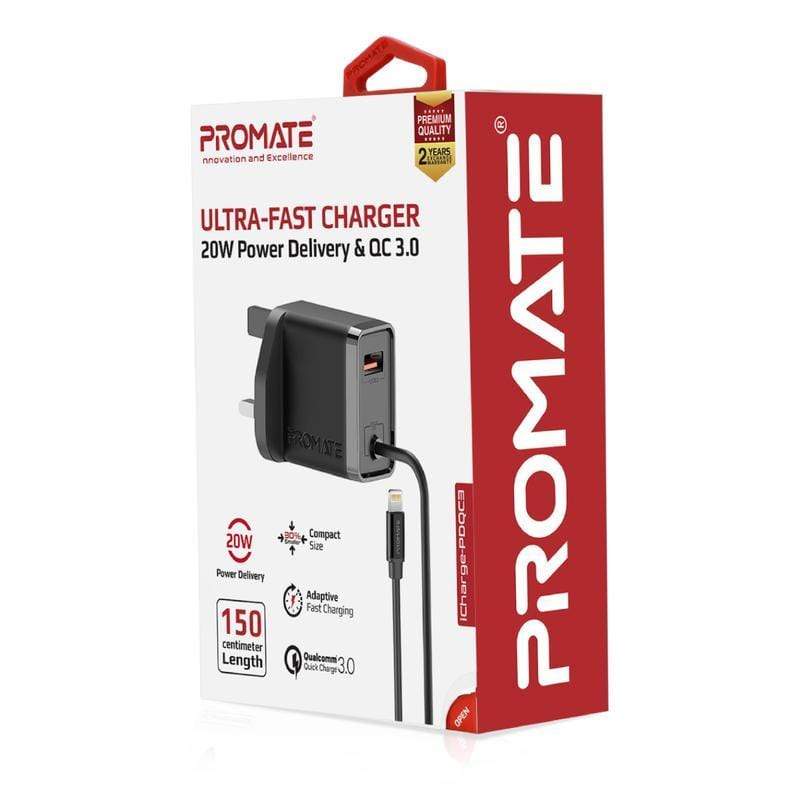 Promate Wall ULTRA-Fast Charger 20W PD and QC 3.0 - Black, Charger, Promate, Telephone Market - telephone-market.com
