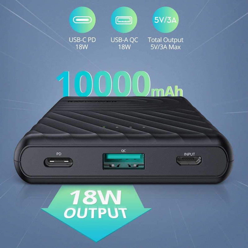 RAVPower Power Bank Dual Port USB With PD 10000mAh - Black - Telephone Market