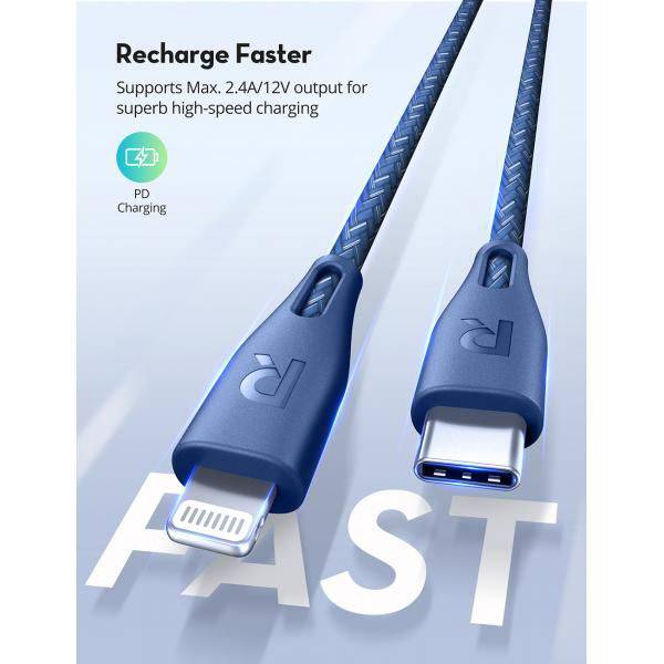 RAVPower Power Line USB-C to Lightning 2m - Blue, Storage & Data Transfer Cables, RAVPower, Telephone Market - telephone-market.com