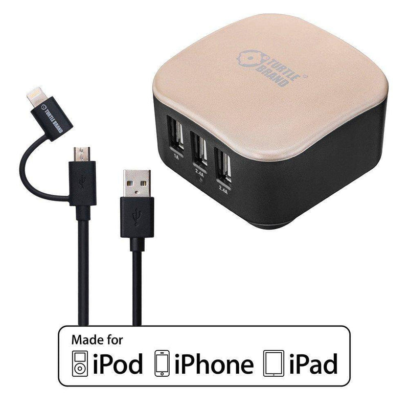 Turtle Wall Charger 3-Port Travel Charging with Cable USB-A to Lightning - Gold - Telephone Market