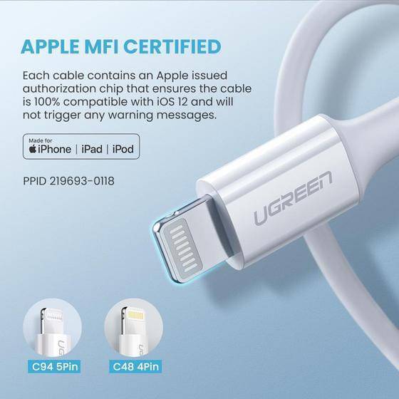 Ugreen PowerLine Nickel Plating USB-C to Lightning 2m - White - Telephone Market