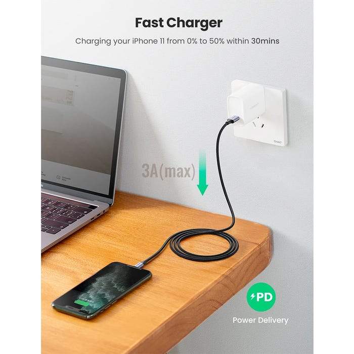 Ugreen PowerLine USB-C to Lightning 1m - Black - Telephone Market