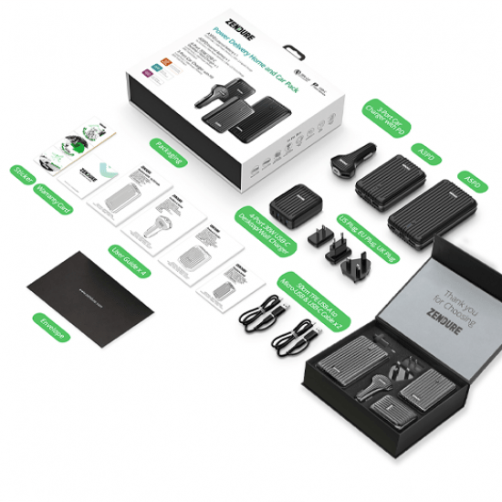 Zendure Power Bank A5 PD + A3 PD +Wall Charger 4 Port PD 30W + Car Charger 3-Port PD 36W . Package - Black - Telephone Market